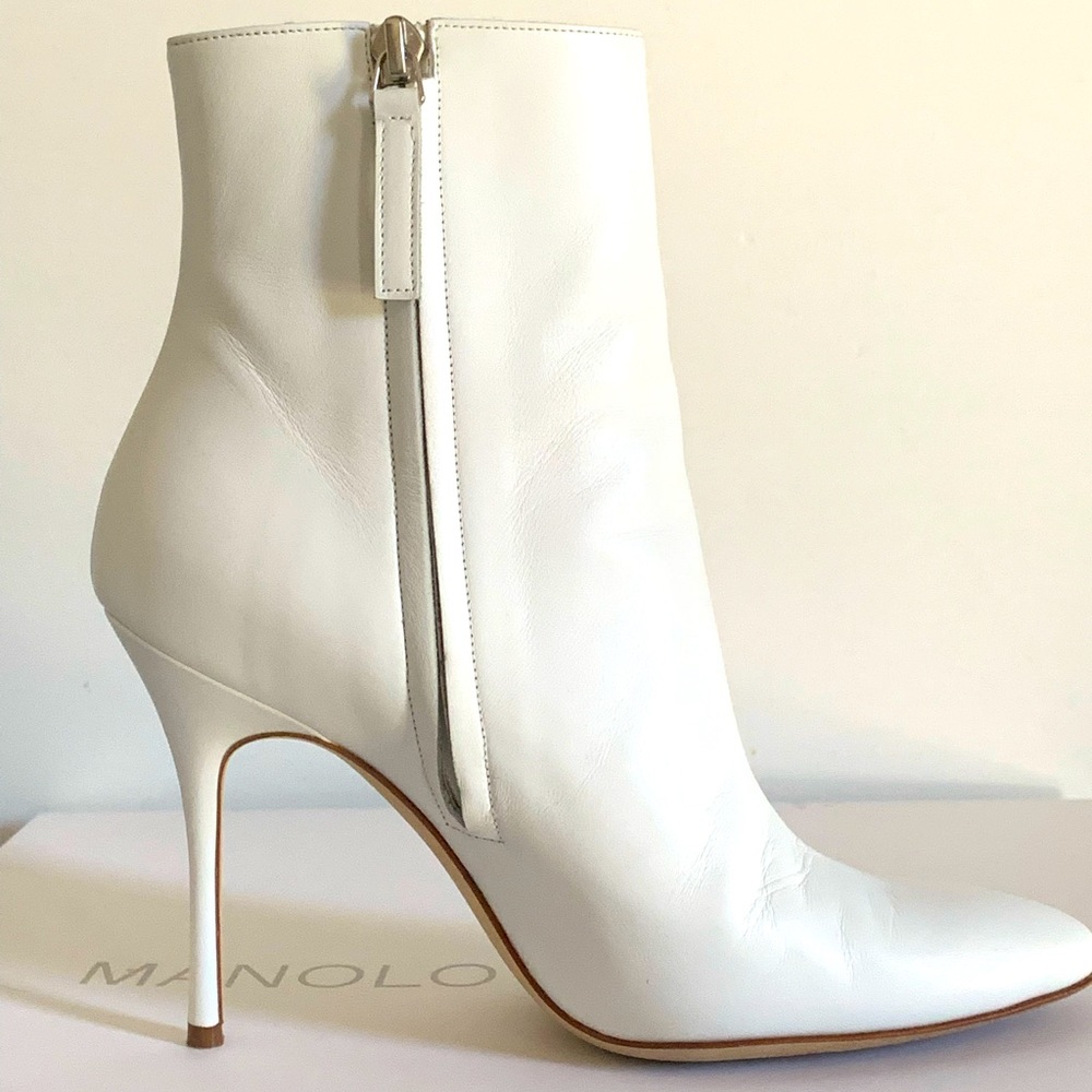 Monolo Blahnik White Leather Booties